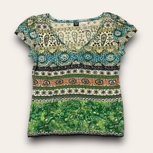 Y2K Graphic Sequin Cap Sleeve Top Size Medium Fairycore Boho Hippie